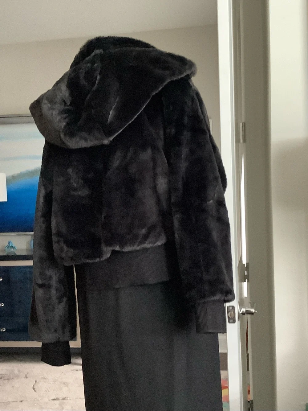 DKNYC Black Plush Faux Fur Bomber Jacket